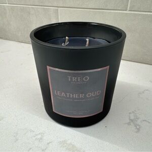 NEW Treo Home Leather Oud Hand Poured Candle 14 oz Essential Oils Gray Ombre Jar